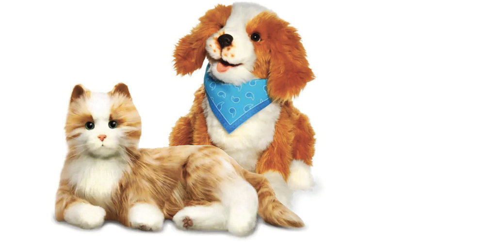 A robot cat and dog, cat looks content, dog looks happy