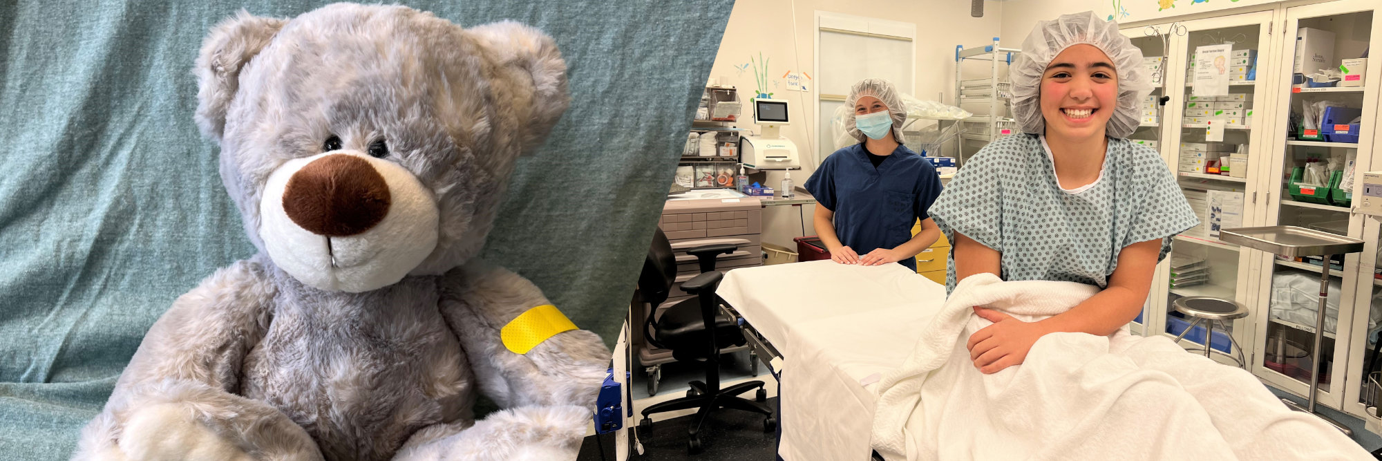Beary the bear, and child patient smiling while preparing for procedure