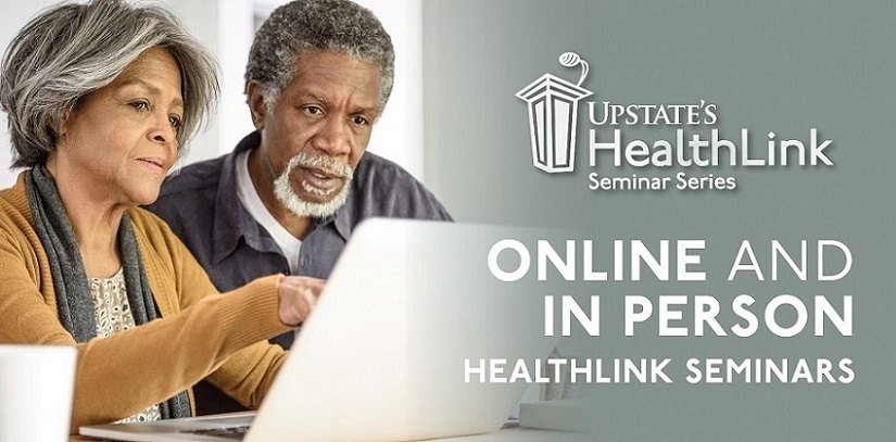 two people looking at computer together. text on image says Online and In person healthlink seminars