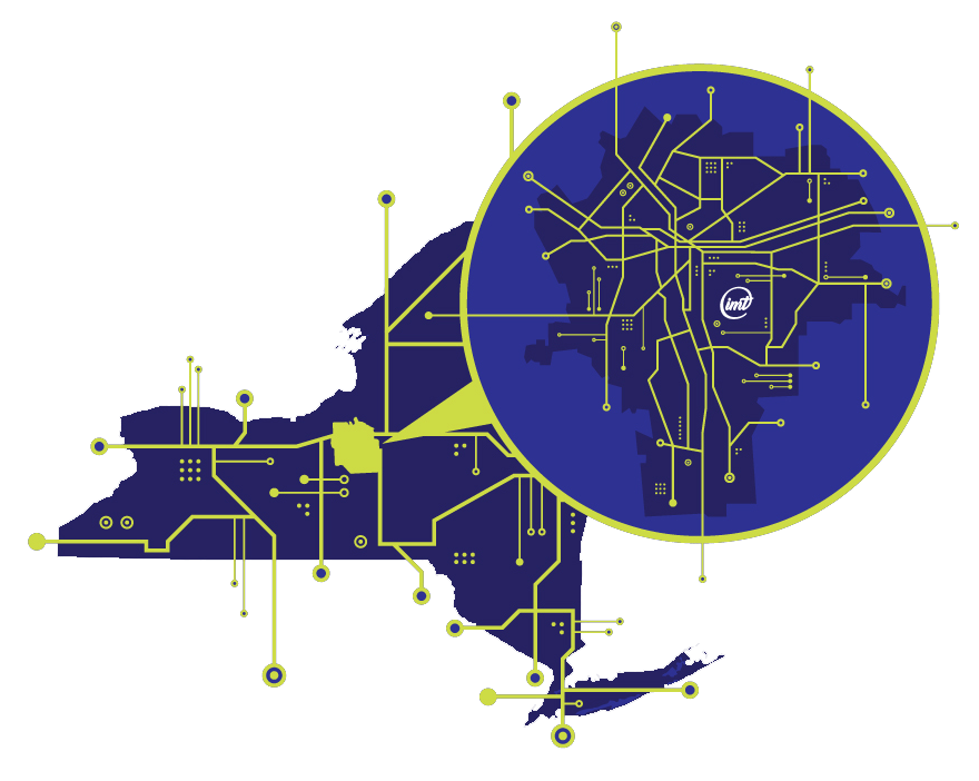 A graphic of New York State with roads shown in hi-tech fashion