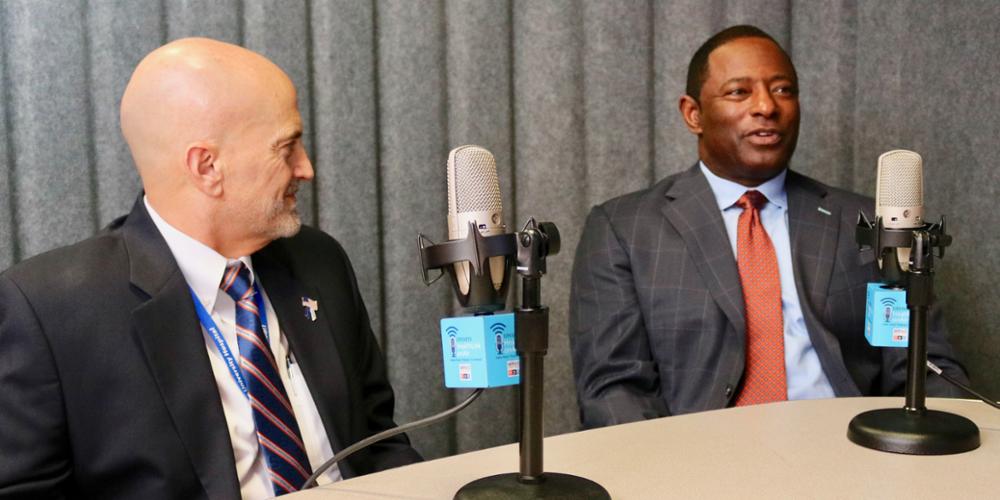 Upstate University Hospital CEO Robert Corona, DO, left, and Syracuse University head football coach Dino Babers (photo by Jim Howe)
