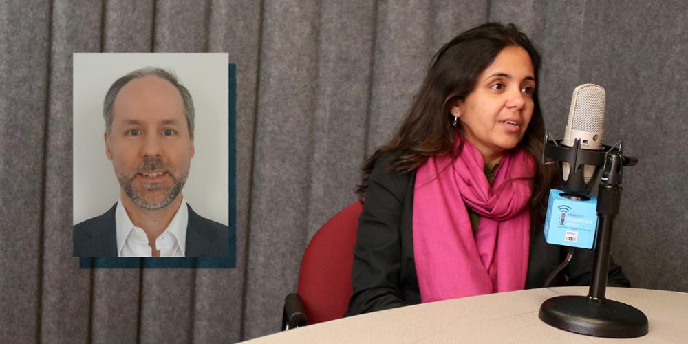 Upstate psychiatrist Seetha Ramanathan, MD, at microphone, and Jay Carruthers, MD, director of suicide prevention at the state Office of Mental Health in Albany, inset
