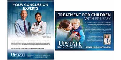 Examples of ads that showcase Upstate's expertise. All use the Upstate blue to give a cohesive look and make it clear at a glance that these services are available at Upstate.