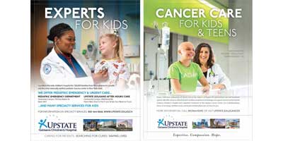 Uniform design connects these children's hospital ads touting Upstate's pediatric urgent and emergency care and our many specialty services, including our crucial role as the only center in the region that cares for children with cancer.