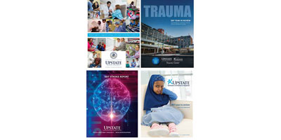 Annual report graphics have moods that reflect their content, and all maintain the Upstate brand in color (blue) and typography.