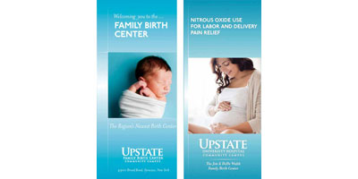 The signature blues of the Upstate brand include this baby-friendly, sky blue. These pieces promote new patient services and the renovated facility.