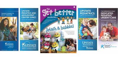 Materials for the Upstate Golisano Children's Hospital range from brochures about pediatric services and locations to fun activity booklets for hospitalized patients.