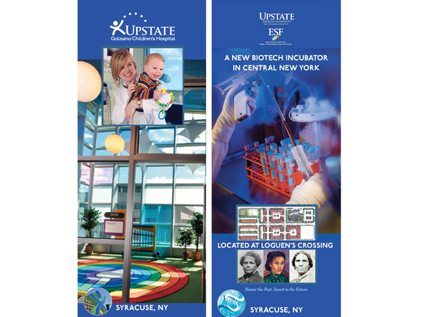 Portable roll-up displays, created by Marketing, are useful when on the road promoting Upstate.