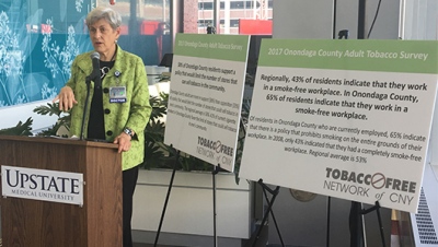Leslie J. Kohman, MD, director of outreach for the Upstate Cancer Center and a board member with American Cancer Society speaks during World No Tobacco Day about the devastating effects of smoking.