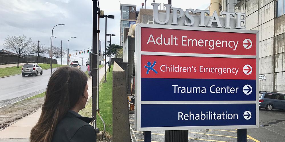 The trauma sign outside the Upstate University Hospital's Emergency Department.