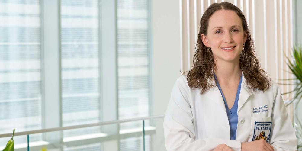 Lisa Lai, MD, a breast surgeon at Upstate University Hospital, stands in the Upstate Cancer Center.