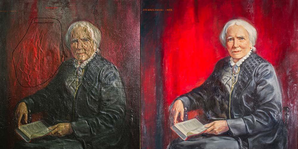 Before and after images of the Elizabeth Blackwell portrait showing significant renovation of the piece.