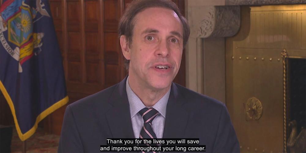 A screen capture of New York Health Commissioner Harold Zucker, MD, JD, from Upstate's 2020 virtual Commencement.