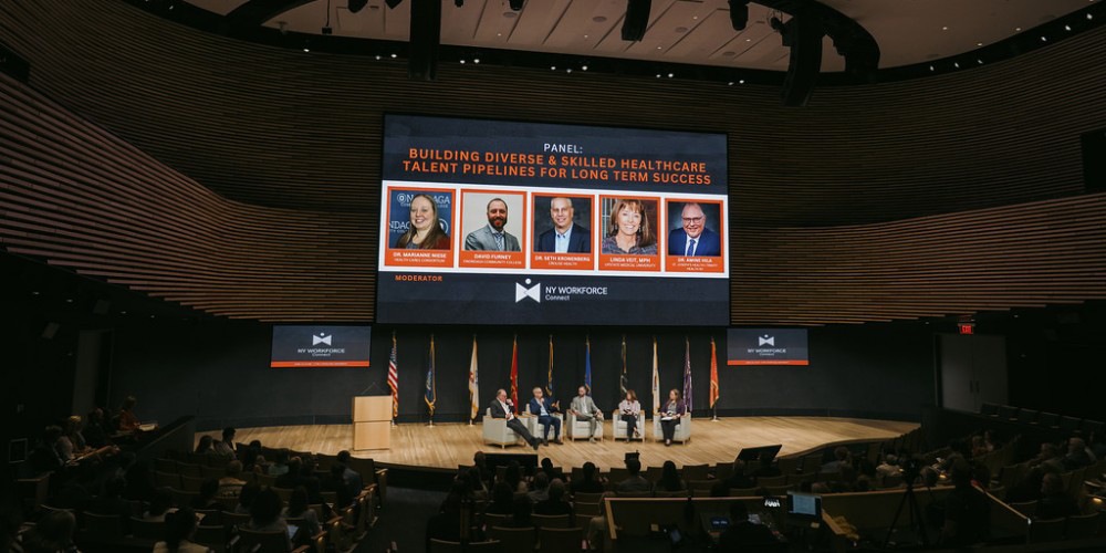 WORKFORCE DEVELOPMENT DISCUSSION: Upstate’s Linda Veit joined leaders from other area institutions for a discussion on developing the health care workforce, as part of a day-long conference to examine the workforce needs of Central New York.
