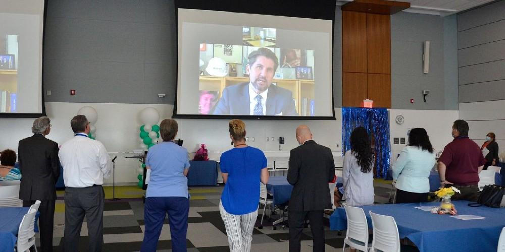 CHANCELLOR PRAISE: SUNY Chancellor Jim Malatras offers his congratulations on Upstate's honor as a Magnet designation facility in recognition of its nursing staff and quality of care during a celebration June 30.