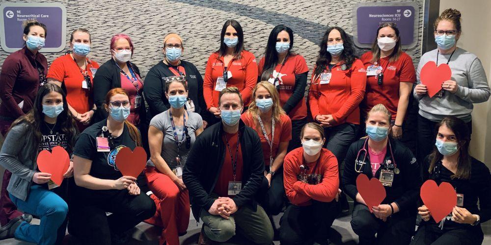 WEAR RED DAY: Employees from the neurocritical care unit are decked out in red Feb. 4, joining their coworkers from all across campus, marking Wear Red Day to bring attention to heart disease, the leading cause of death in the U.S.