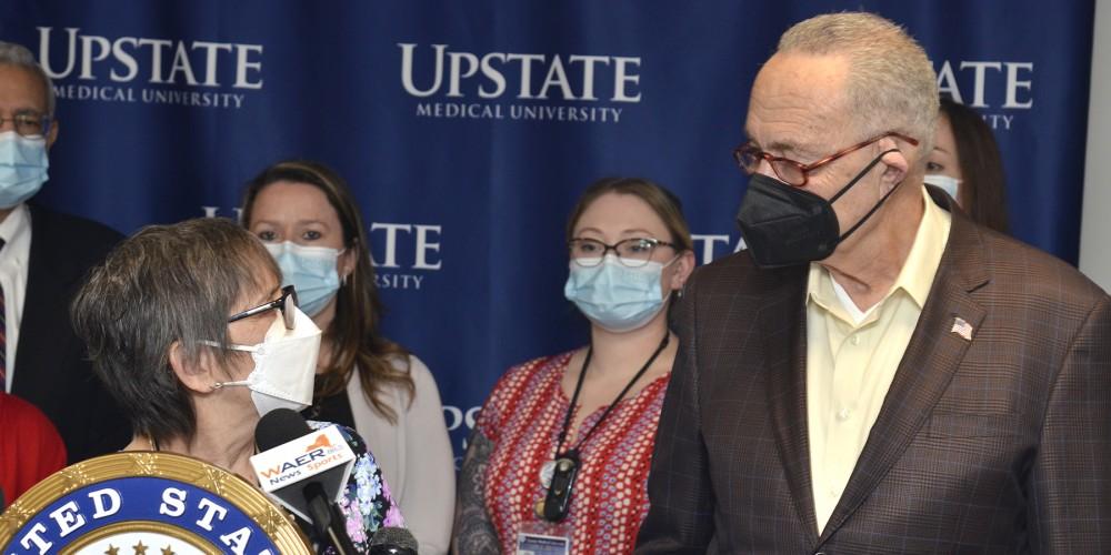KEEPING INSULIN COSTS UNDER CONTROL: U.S. Sen. Charles Schumer, right, speaks with Ruth Weinstock, MD, PhD, following a press conference at the Joslin Diabetes Center, where Schumer pressed for legislation that would limit a patient's out-of-pocket costs for insulin to $35. Weinstock said some individuals who cannot afford insulin put themselves at risk of developing serious complications by not taking it.