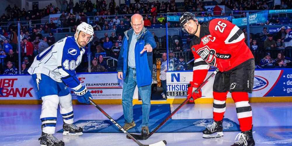 PUCK DROP: The Upstate Foundation partnered with the Syracuse Crunch to host Break the Ice… Youth Mental Health Awareness Night Jan. 27. Foundation donor Rob Helfrich participates in the ceremonial puck drop in memory of his son Zach. The Helfrich family established the Zach Helfrich Memorial Fund to support suicide prevention education, research and patient care.