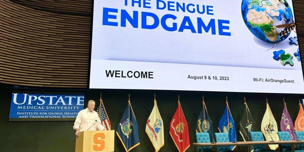 DENGUE DISCUSSION: Upstate’s Dr Stephen Thomas, professor and chair of Microbiology and Immunology, delivers opening remarks at Upstate’s “The Dengue Endgame” summit. International experts gathered for a two-day conference in Syracuse to discuss the current state of dengue—a serious mosquito-borne illness—and identify potential routes toward dengue control internationally. The event was hosted by Upstate’s Institute for Global Health.