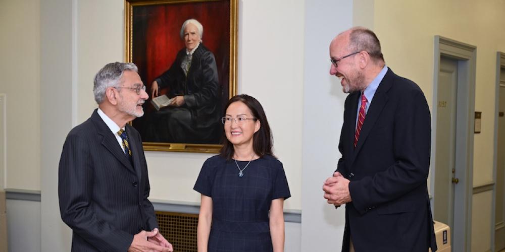 WELCOME: Upstate President Dr Mantosh Dewan greets Dr Cynthia Taub, the Edward C. Reifenstein Professor of Medicine and chair of the Department of Medicine; and Dr Jonathan Miller, chair of the Department of Neurosurgery. Both Taub and Miller began their leadership roles at Upstate recently. Taub previously served at Dartmouth Hitchcock Medical Center and Miller at Case Western Reserve University.