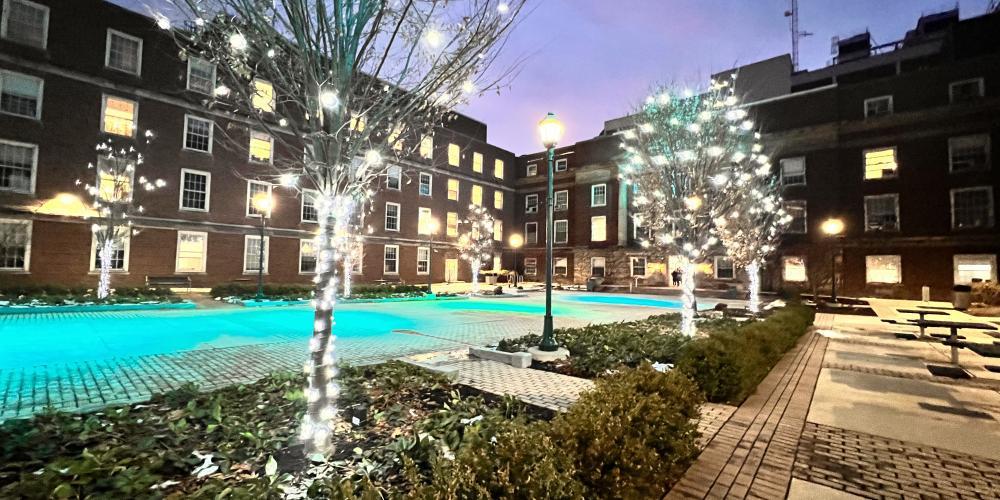 NIGHT LIGHTS: The Weiskotten Hall courtyard is aglow in December.