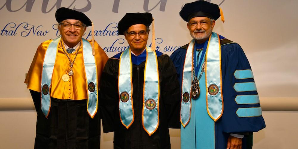HONORARY DOCTORATES: Receiving honorary degrees at Upstate’s Commencement May 5 are, from left, Jose Jalife, MD, PhD, of the University of Michigan and the Spanish National Center for Cardiovascular Research, and Nader Rifai, PhD, of Harvard Medical School and Boston Children’s Hospital, with Upstate President Mantosh Dewan, MD. Jalife and Nadir were honored for their lifelong work in medicine, especially their research on cardiac arrhythmias (Jalife) and biomarkers of cardiovascular disease (Rifai).