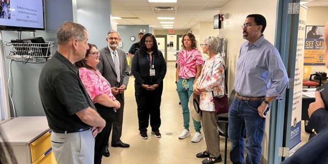 FAIRGOERS: During a visit to New York State Fair, SUNY Chancellor John King toured the fair’s infirmary, which has been run for years by Upstate Medical University. Upstate doctors and nurses are on hand to treat fairgoers and employees throughout the run of the fair. In the infirmary with King, right, are, from left, infirmary manager Stanley Goettel, Nikki L. Cappadonia, RN; Upstate President Mantosh Dewan, MD; Samantha F. Jones, MD; Kathryn Scarbrough, RN; and State Sen. Rachel May.