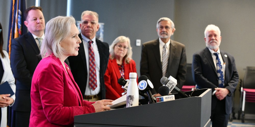 SENATOR SPEAKS: U.S. Sen. Kristen Gillibrand speaks about the importance of NIH funding to Upstate Medical University and scientific research throughout the state at a press conference held Feb. 14 at the CNY Biotechnology Accelerator. Gillibrand was joined by officials from Upstate, SUNY and state lawmakers from throughout Central New York.