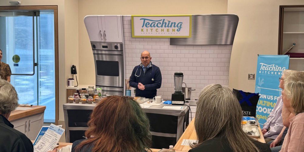 COOKING IN THE TEST KITCHEN: Kaushal Nanavati, MD, leads a seminar on Cooking for a Health Colon in the Teach Kitchen at the Nappi Wellness Institute. Nanavati, assistant dean of wellness and director of integrative medicine, joined other Upstate colleagues in providing cooking demonstration for participants.  The event was sponsored by Upstate’s We Matter and the Upstate Cancer Center.  