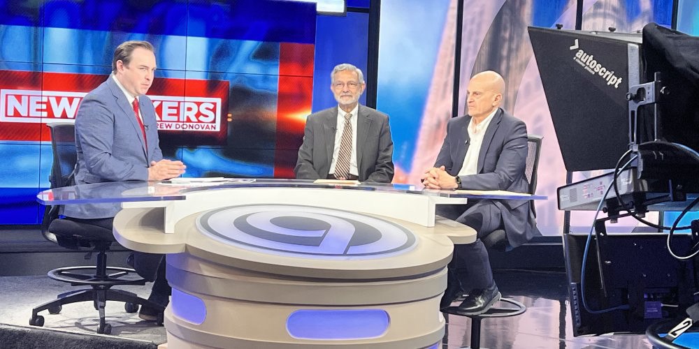 NEWSMAKERS: Upstate President Mantosh Dewan, MD, center, and Upstate University Hospital CEO Robert Corona, DO, MBA, sit down the NewsChannel 9’s Andrew Donovan for a segment of Newsmakers. The program airs at 12:30 p.m. Friday and 5:30 p.m. Sunday, and is also available on the Newschannel 9 website.