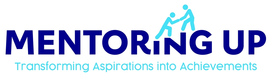 Logo for Mentoring Up: transforming aspirations into achievements, featuring a stick figure helping up another
