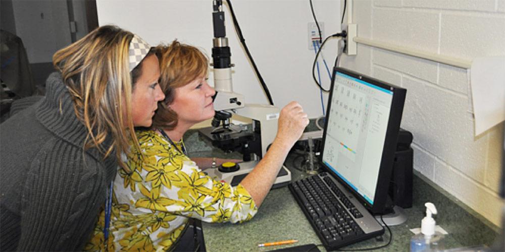 two ladies checking ? on computer