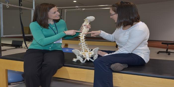 A therapist and a patient sitting on a mat table discussing the anatomy of the spine with a model between them.