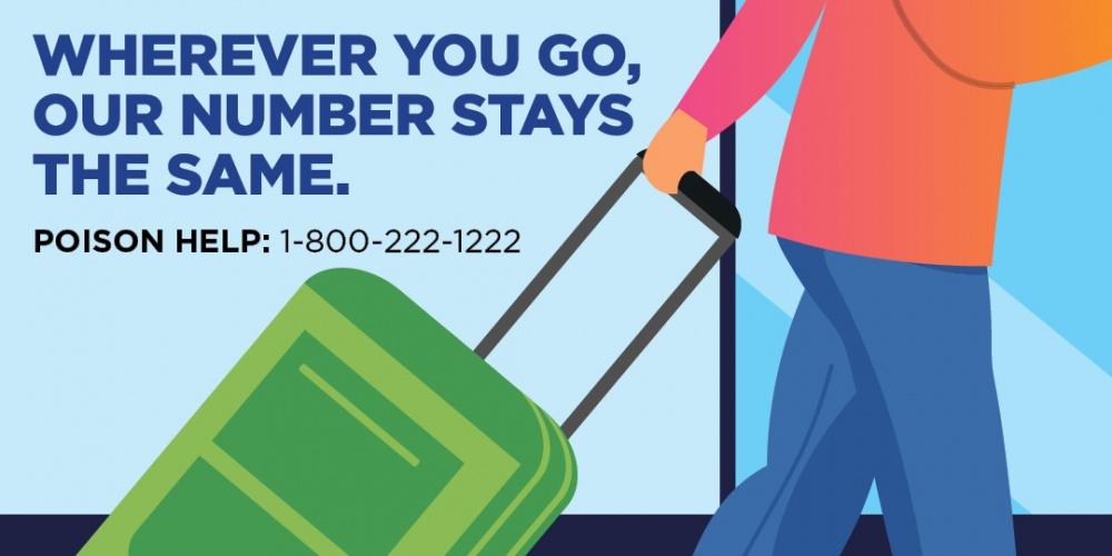 Man pulling suitcase with words: "Wherever you go, our number stays the same."