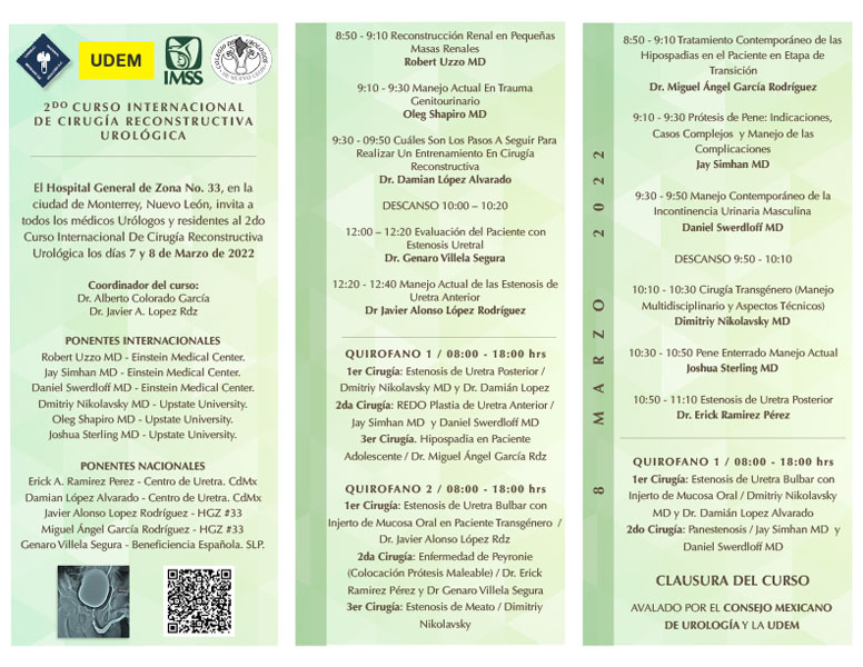 Brochure cover for the Triptico Curso Internacional De Cirugia Reconstructiva Urologica Conference where Dr. Sterling presented
