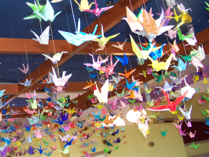 A thousand origami paper cranes on display at Upstate Golisano Children's Hospital.