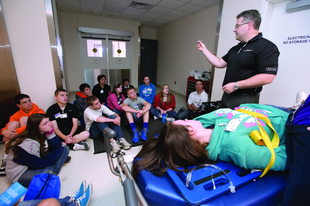 Trauma coordinator Steve Adkisson RN hopes to prevent injury through the Let‘s Not Meet by Accident classes for high school students at Upstate. Photo by Susan Kahn