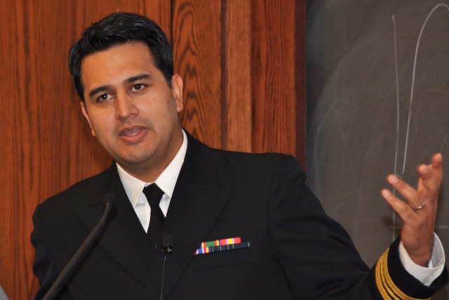 Lt. Commander Patrick Basile, MD, spoke at Upstate Jan. 30 about the double arm transplant he was involved in recently. Photo by Rich Whelsky.