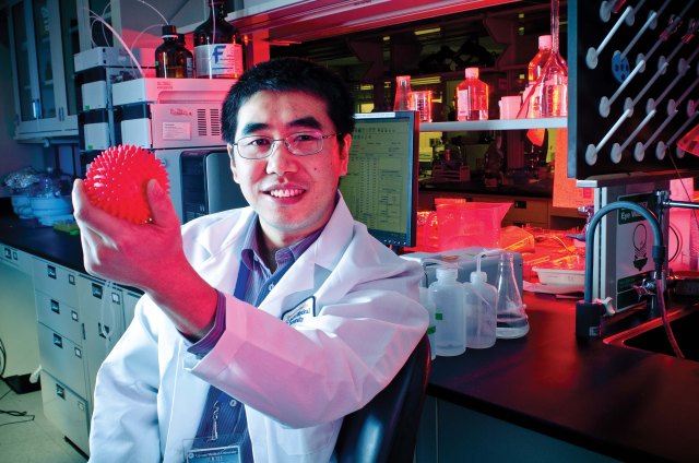 Juntao Luo holds a model of a nanoparticle in his Upstate Medical University laboratory.