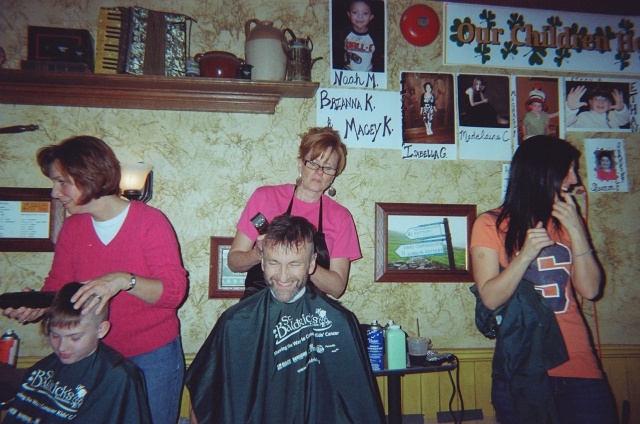 The author, Jim McKeever gets shaved at the 2010 St. Baldrick's fundraising event at Kitty Hoynes Irish Pub.
