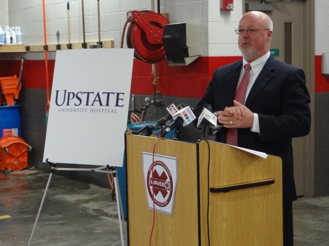 Dr. John McCabe, chief executive officer of Upstate University Hospital, says Upstate will use a $30,000 grant from Excellus BlueCross Blu Shield to acquire and distribute life-saving cardiac care monitoring equipment for 23 ambulance companies in five counties. The modems will enable ambulance companies to transmit vital information to area hospital emergency rooms to help speed the diagnosis and treatment of individuals experiencing heart attack symptoms.