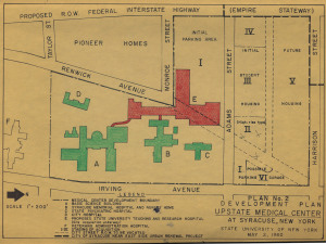Hand-colored 1960 map of the Upstae campus. The red shows to hospital to be built.