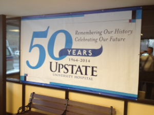 Displayed near the front of Upstate University Hospital at Community is this anniversary banner.