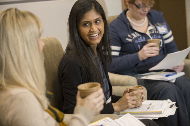 Obstetrician Unzila Nayeri, MD of Upstate's Regional Perinatal Center (center) talks with patients at a recent Centering Pregnancy class.