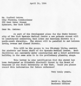 1964: Letter confirming that a new street will be built and named Elizabeth Blackwell St.