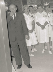 Upstate President Carlyle Jake Jacobsen PhD smokes a cigarette at the opening ceremony for SUNY Upstate University Hospital, July 1964.
