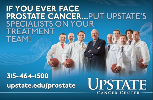 SU Basketball Coach Jim Boeheim is surrounded by Upstate‘s prostate cancer team: urologist Oleg Shapiro, MD, pathologist Steve Landas, MD, urologist Gennady Bratslavsky, radiation oncologist Jeffrey Bogart, MD, pathologist Gustavo de la Roza, MD, radiologist Andrij Wojtowycz, MD, urologist Srinivas Vourganti, MD, and radiologist Robert Poster, MD.