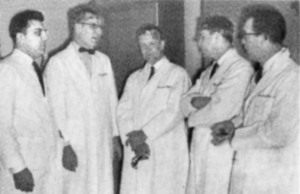 Dr. Falcone (left) and Dr. Bernard Sisson (center) selected the plastic surgery instruments for the new Community Hospital in 1961. (Also pictured: Drs. Brewer, Poushter and Stark)