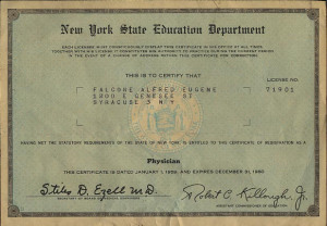 Dr. Falcone's 1959 physician's license.