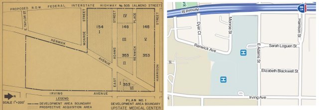 1960 and 2014 maps of Upstate's downtown property. Hinton Peterson's childhood home was on Renwick Place, shown on the 1960 map.